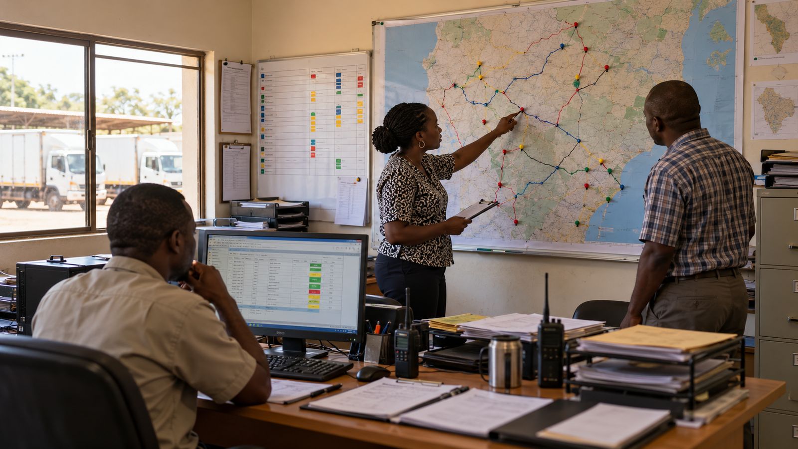 Distributor dispatch office in Africa with staff tracing delivery routes on a wall map and delivery trucks parked outside the window.