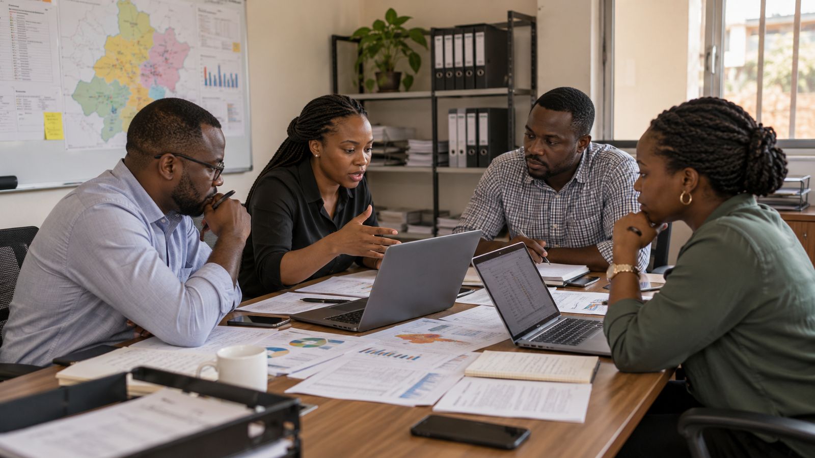 Commercial office of an FMCG distributor in Africa with four staff reviewing sales reports and laptops at a meeting table.