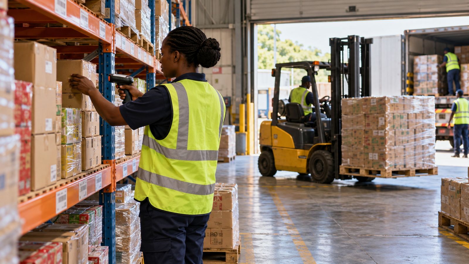 FMCG warehouse in Africa with a worker scanning cartons on racking while a forklift moves a wrapped pallet to the loading bay.