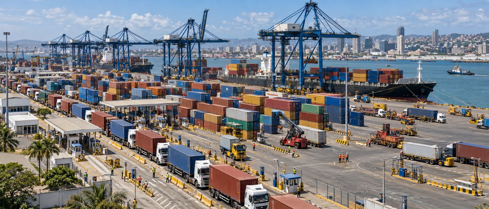 Container port in Africa with gantry cranes unloading a ship and container trucks queuing at the terminal gates.